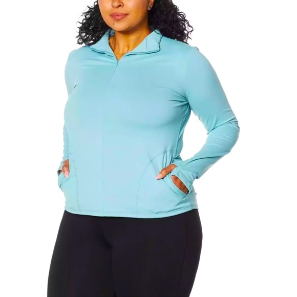 Shadow Sport Light Blue  Fitted Mock-Neck 3/4 Zip Front Athletic Jacket, Pockets - Picture 3 of 12